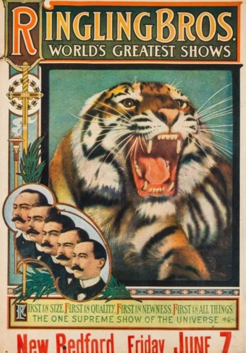 This 48 1/2 inch by 27 inch poster dates from 1919, the year Ringling Brothers merged with Barnum & Bailey Circus. The Ringling Brothers bought Barnum & Bailey in 1907 and ran separate circuses until creating the merged circus they dubbed the “Gre