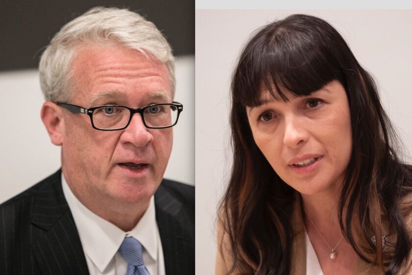 State House Republican Leader Jim Durkin, left, in 2018; state Rep. Eva-Dina Delgado, right, last month. File Photos.