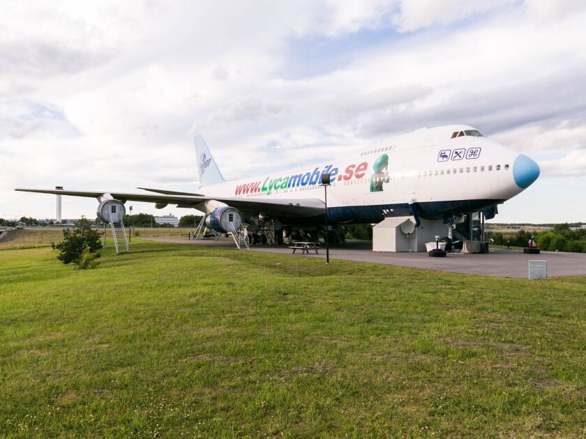 Jumbo Stay, an airplane-turned-hotel that’s just a short shuttle ride from the Stockholm Arlanda Airport. A retired Pan Am aircraft, the Boeing 747-212B traded in its engines for cozy accommodations that range from standard rooms and suites to dorms with