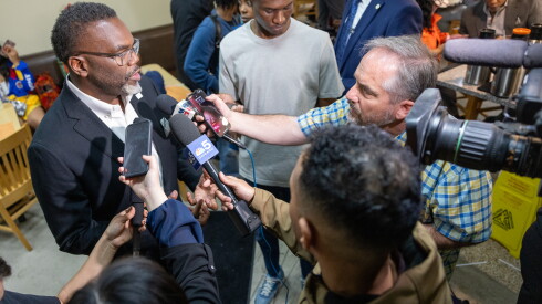 Chicago Mayor Brandon Johnson speaks to the press briefly in Peach's restaurant on the South Side of Chicago on May 24, 2026.
