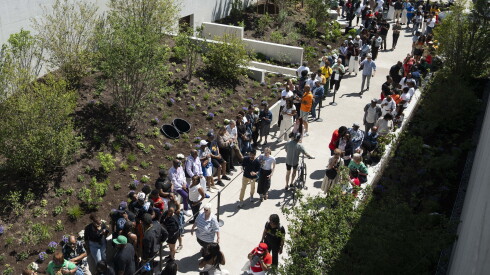 People line up outside the museum at the Obama Presidential Center Museum on the South Side.