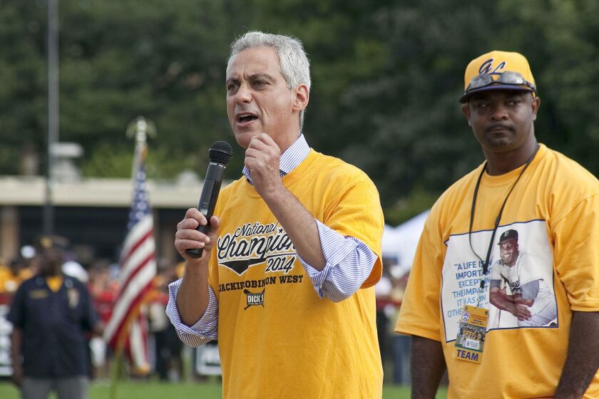 <small><strong>Mayor Rahm Emanuel on Wednesday said despite the decision to strip titles from the Jackie Robinson West All-Stars, the Little League team “will always be champions in Chicago.” | Ashlee Rezin/for Sun-Times Media</strong></small>