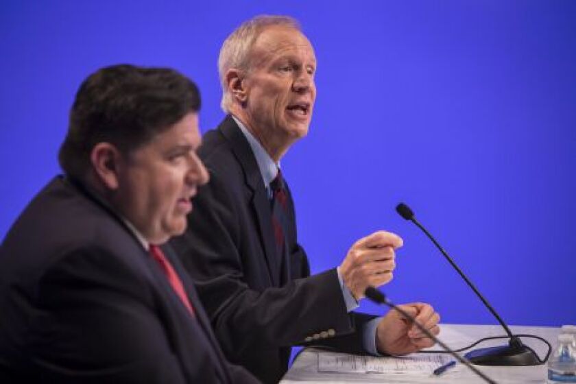Gov. Bruce Rauner and Democrat J.B. Pritzker met in a debate Oct. 9, 2018 at the Sun-Times. | Rich Hein/Sun-Times