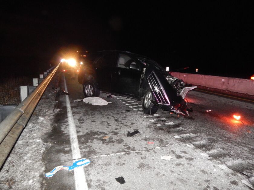 The Kia Sorento that was damaged in a crash Wednesday night on Interstate 65 near Crown Point, Indiana. | Indiana State Police