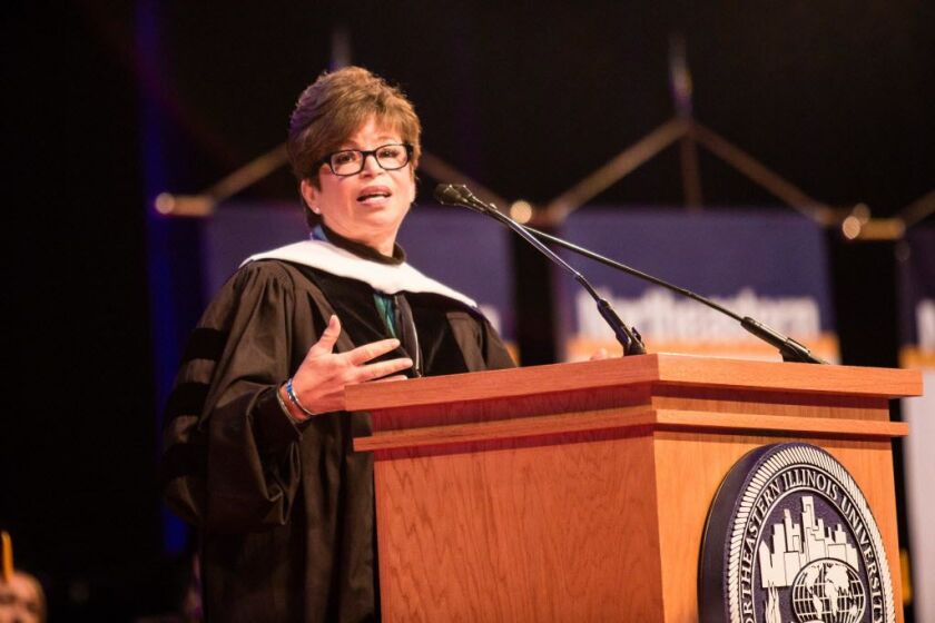 Valerie Jarrett delivers the commencement address for Northeastern Illinois University at the UIC Pavilion on May 8. | James Foster / Sun-Times