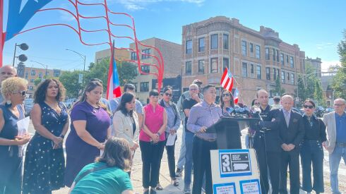 Chicago’s Puerto Rican community gathered Tuesday, Sept. 20, 2022, in Humboldt Park to announce efforts to raise funds for local communities in Puerto Rico hardest hit by Hurricane Fiona. Jessie Fuentes, of the Puerto Rican Agenda of Chicago, leads the news conference by explaining how funds will be collected.
