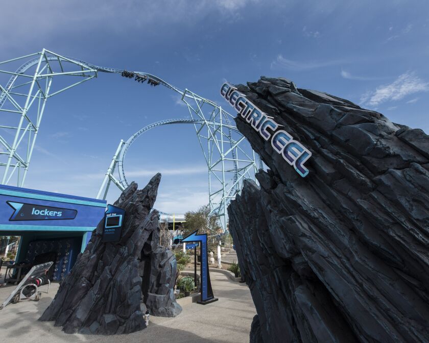 This image provided by SeaWorld shows Electric Eel, a new triple-launch coaster at SeaWorld’s San Diego park in California. The new attraction offers riders an upside-down view of Mission Bay. | SeaWorld via AP