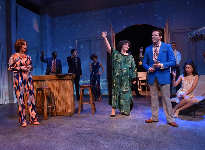Keely Vasquez (standing, from left), Neala Barron and Jim De Selm in “Merrily We Roll Along.” (| Michael Courier