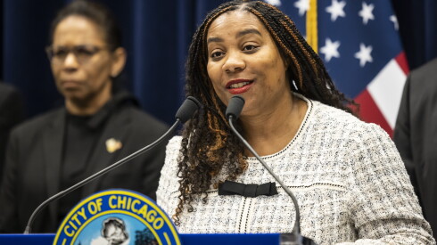 City Budget Director Annette Guzman speaks to reporters after the Chicago City Council meeting was recessed at City Hall, Friday, Dec. 13, 2024.