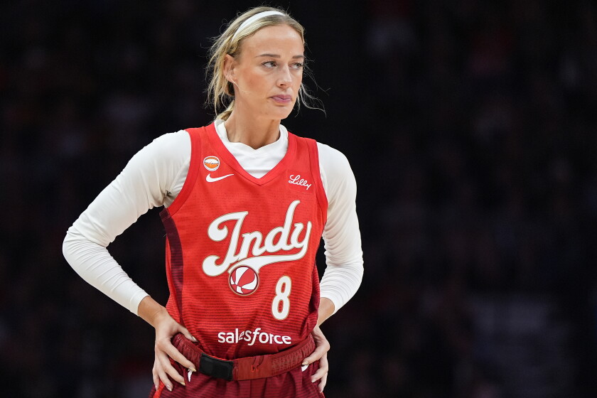 Indiana Fever guard Sophie Cunningham stands on the court during the first half of a game against the Minnesota Lynx on Sunday, Aug. 2, 2026, in Minneapolis.