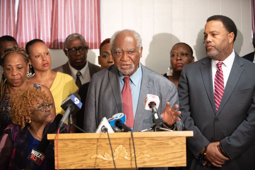 U.S. Rep. Danny Davis speaks with various representatives at a press conference held to release the State of the African-American Male Report with Recommendations and Resource Guide at New Landmark Missionary Baptist Church on July 10, 2018. | Colin Boyle