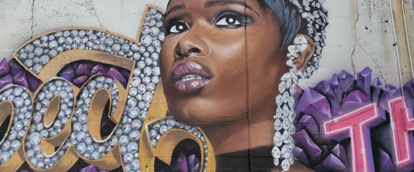 Singer Jennifer Hudson in a mural in the 600 block of West Grand Avenue by the graffiti art crew known as the Mural Mafia.