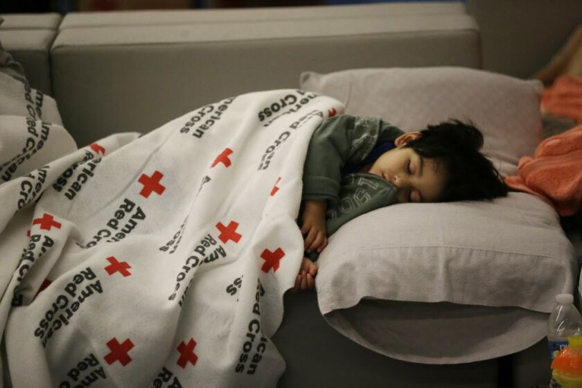 Malachia Medrano, 2, sleeps at the George R. Brown Convention Center, which has been set up as a shelter for evacuees escaping the floodwaters on Tuesday, Aug. 29, 2017. LM Otero/AP