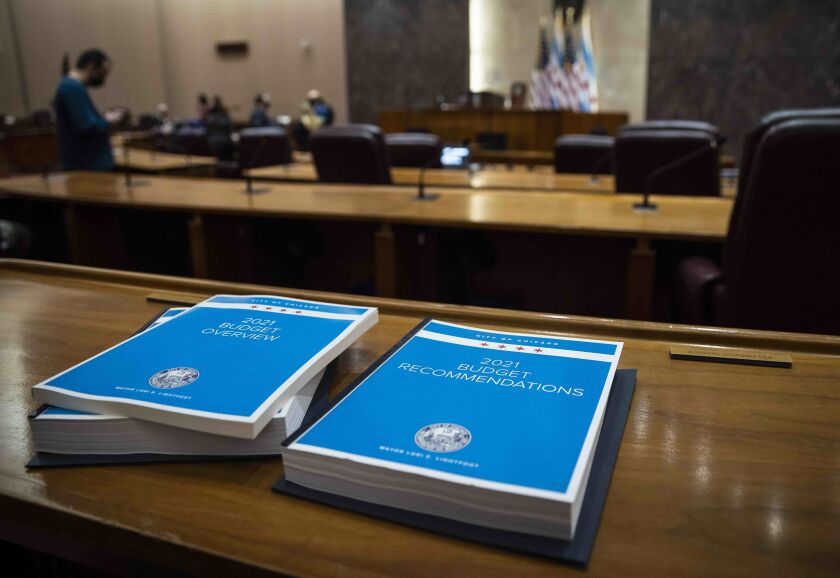 The city of Chicago’s 2021 Budget Overview and 2021 Budget Recommendations city on a desk in the Chicago City Council chambers shortly before Mayor Lori Lightfoot delivers the budget address at City Hall, Wednesday morning, Oct. 21, 2020.