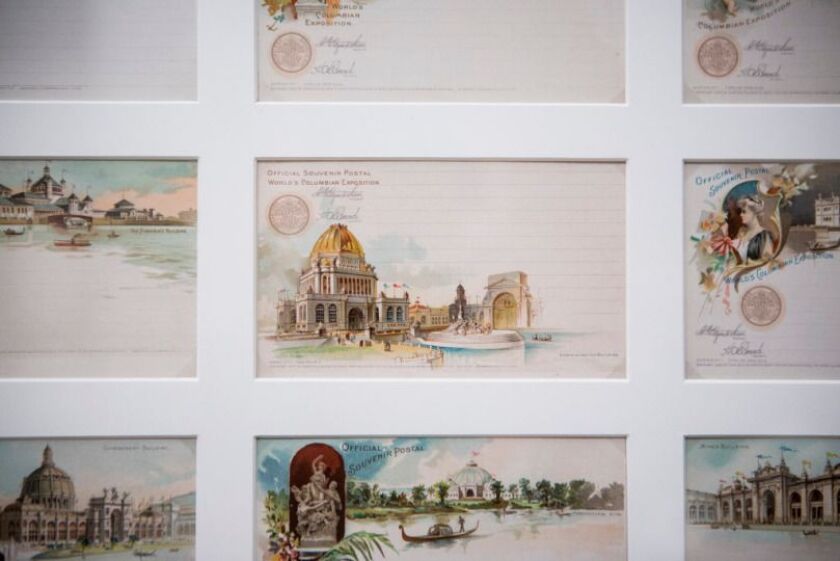 Official postcards for the 1893 Columbian Exposition are on display at “Pictures From an Exposition: Visualizing the 1893 World’s Fair” at the Newberry Library. | James Foster / Sun-Times