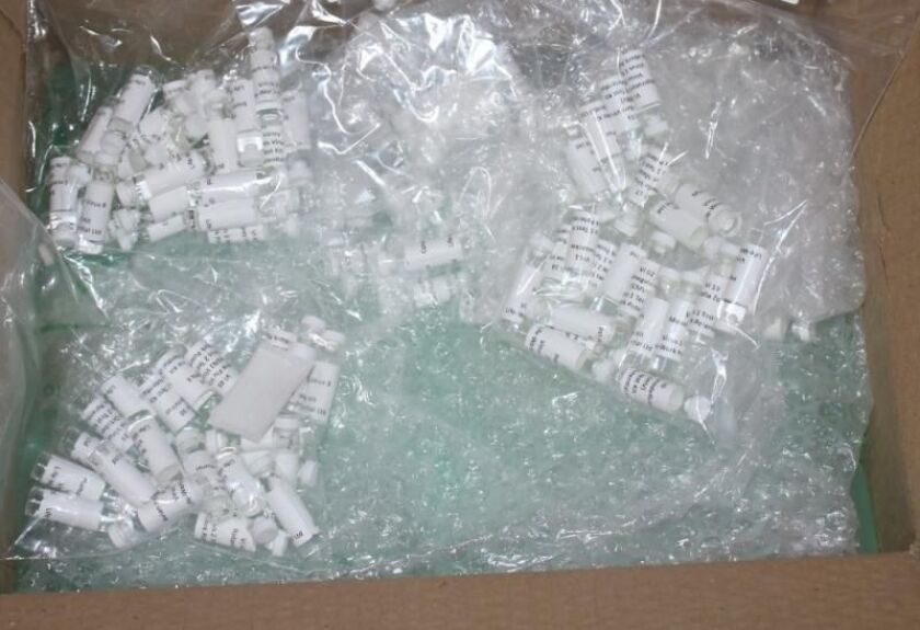 Customs agents in Los Angeles confiscated this package of suspected counterfeit COVID-19 tests on March 12, 2020.