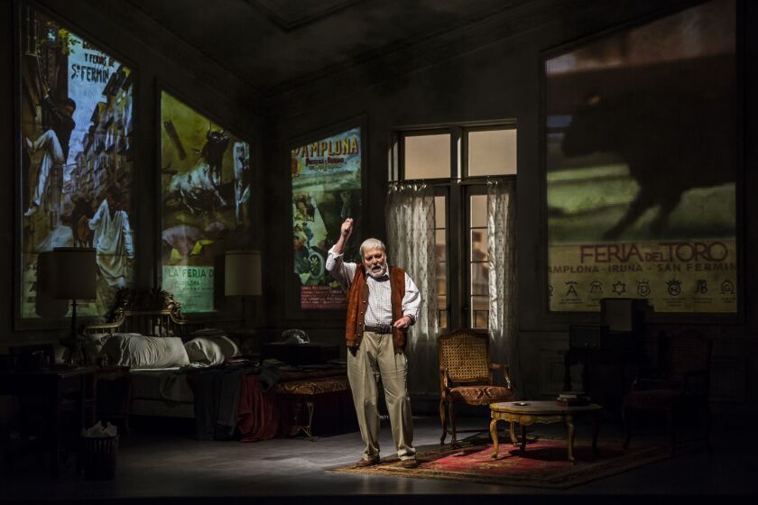 Stacy Keach as Ernest Hemingway in “Pamplona,” the one-man show by Jim McGrath that was canceled after the actor suffered a “mild” heart attack while performing on opening night at the Goodman Theatre on May 30. | Liz Lauren photo