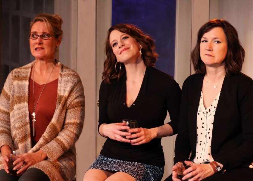 Amy Montgomery (from left), Melanie Keller and Lydia Berger in “Women in Jeopardy” at First Folio Theatre. | PROVIDED PHOTO