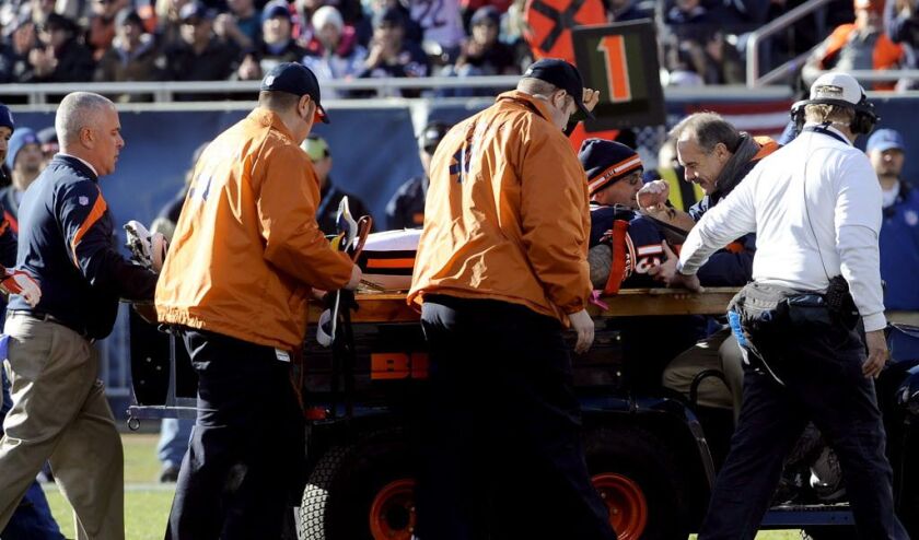 Johnny Knox being taken off on a stretcher after his devastating injury during a Dec. 18, 2011, game against the Seattle Seahawks at Soldier Field. | Sun-Times files