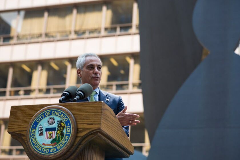 Mayor Rahm Emanuel speaks at the 50th anniversary of the Picasso unveiling at Daley Plaza on August 8, 2017. | Max Herman/For the Sun-Times