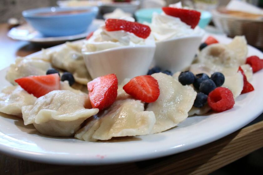 The fruit pierogis served at Ewa’s Pierogi in Glenview, come in strawberry blueberry, plum, cherry, and sweet cheese. 