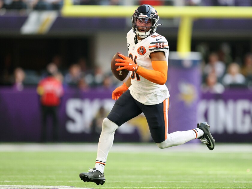 The Bears' Kevin Byard runs with an interception during the second quarter against the Minnesota Vikings at U.S. Bank Stadium on Nov. 16, 2025, in Minneapolis, Minnesota.