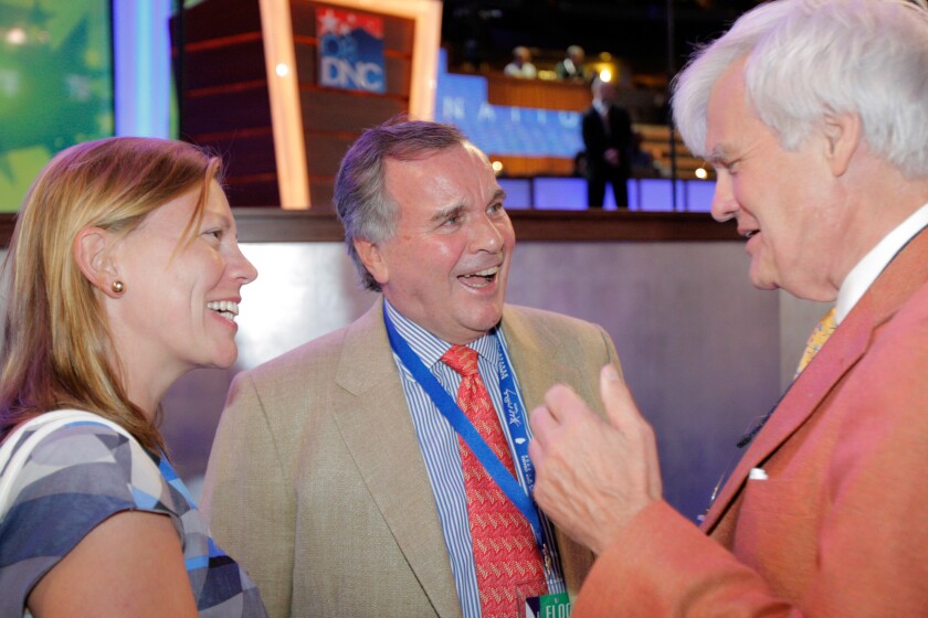 Chicago Mayor Richard M. Daley, center, and his daughter Nora Daley, left, speak to reporter Albert Hunt at the Democratic National Convention in Denver, Monday, Aug. 25, 2008.