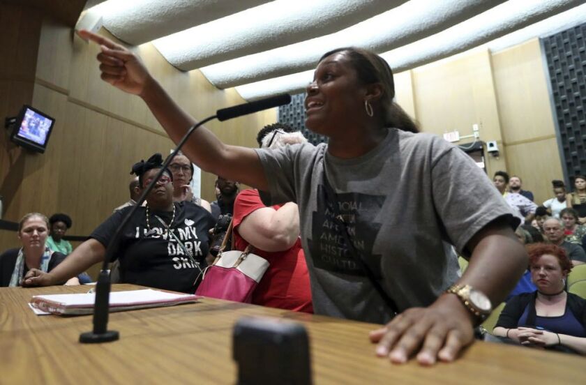 Tanesha Hudson addresses the Charlottesville City Council on Monday. | Andrew Shurtleff/The Daily Progress via AP