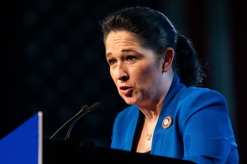 Illinois State Comptroller Susana Mendoza, who is running for mayor of Chicago, speaks during the Illinois Democratic County Chairs’ brunch at the Bank of Springfield Center in August.