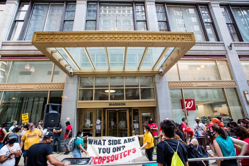 The Students Strike Back Coalition protests Aug. 26, 2020, outside a Chicago Board of Education meeting to keep police officers out of schools,