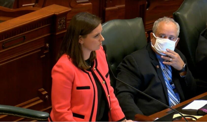 State Rep. Avery Bourne, R-Morrisonville, speaks on the House floor Wednesday night.