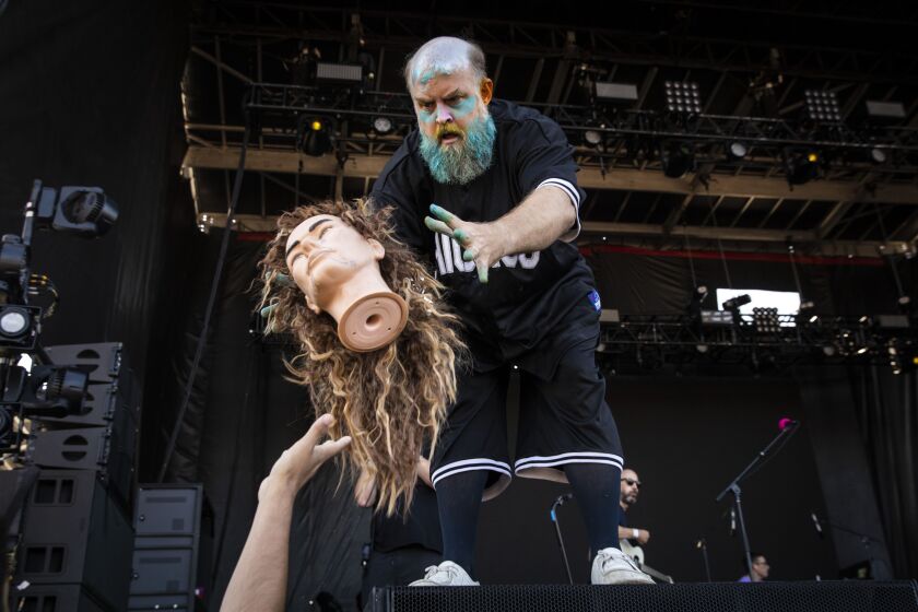 Tim Harrington, of Les Savy Fav, performs on Day 3 of Riot Fest in Douglass Park.