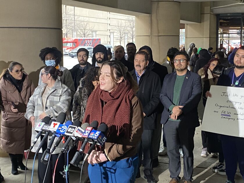 A group of migrant advocates and policitians held a news conference on Dec. 21, 2023 to demand that more be done to help new arrivals in Chicago.