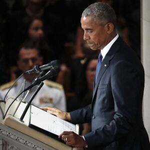 Former President Barack Obama pauses as he speaks at a memorial service for Sen. John McCain, R-Ariz., at Washington National Cathedral in Washington, Saturday, Sept. 1, 2018. McCain died Aug. 25, from brain cancer at age 81. (AP Photo/Pablo Martinez Mons