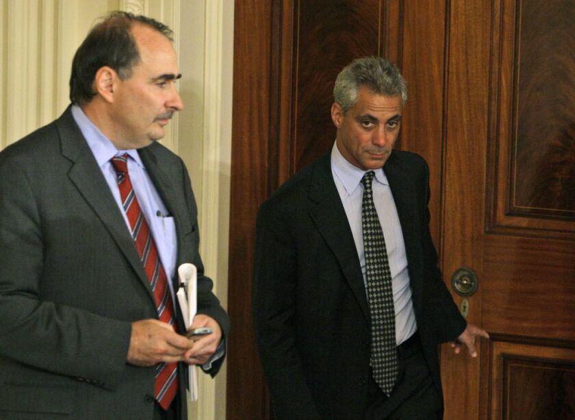 David Axelrod (left) and Rahm Emanuel have been friends for decades and worked together in the White House for President Barack Obama. Axelrod, now director of the Institute of Politics at the University of Chicago, said he would be shocked if Emanuel did
