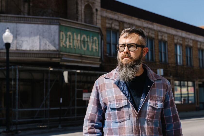 Developer Tyler Nevius outside the Ramova Theatre, 3250 S. Halsted St.