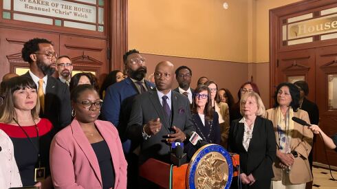 Illinois House Speaker Emanuel "Chris" Welch talks to reporters late Wednesday in Springfield.
