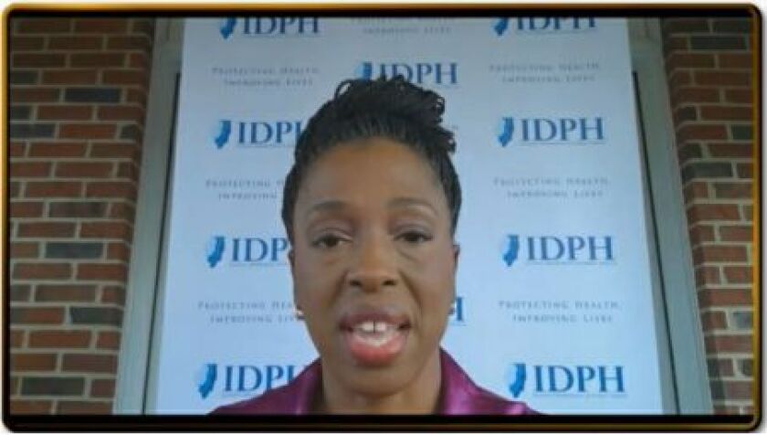 Dr. Ngozi Ezike, head of the Illinois Department o Public Health, participates virtually in Gov. J.B. Pritzker’s daily COVID-19 briefing on Monday.