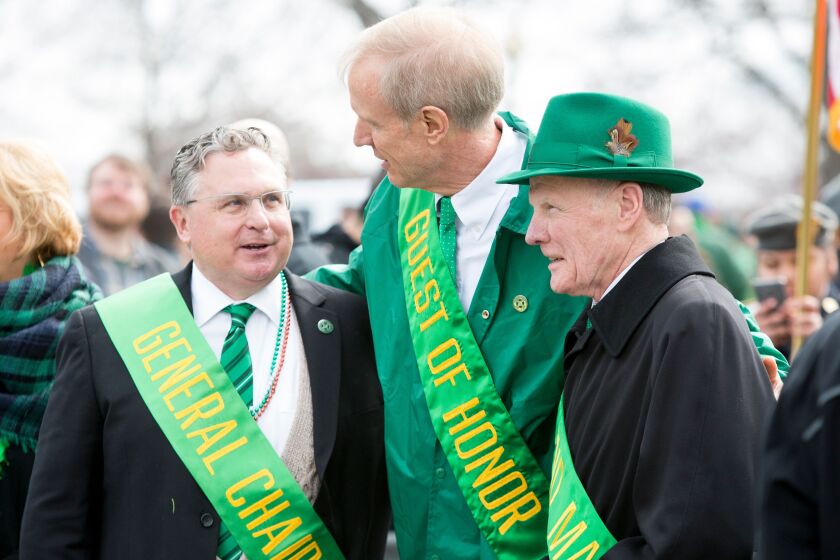 Gov. Bruce Rauner (center) pictured with Illinois House Speaker Michael Madigan (in hat) at the 2016 Chicago St. Patrick’s Day parade.