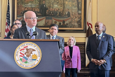 Illinois Senate President Don Harmon speaks at a Capitol press conference Monday alongside Gov. JB Pritzker and Illinois House Speaker Emanuel "Chris" Welch.