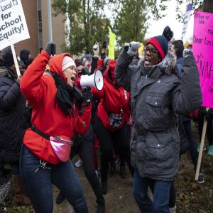 Striking Chicago Teachers Union and SEIU Local 73 members rally on the picket line outside Oscar DePriest Elementary School on the West Side, Tuesday morning, Oct. 22, 2019.