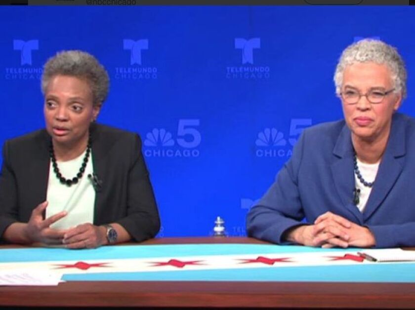 Mayoral candidates Lori Lightfoot, left, and Toni Preckwinkle, right, square off in the first TV debate of the runoff campaign. The NBC 5 and Telemundo Chicago debate was held in partnership with the Union League Club of Chicago and the Chicago Urban Leag