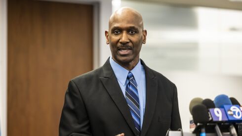 Former Chicago Police Department Chief of Operations Fred Waller speaks during a news conference in River West after Mayor-elect Brandon Johnson introduced him as interim superintendent, Wednesday, May 3, 2023. | Ashlee Rezin/Sun-Times