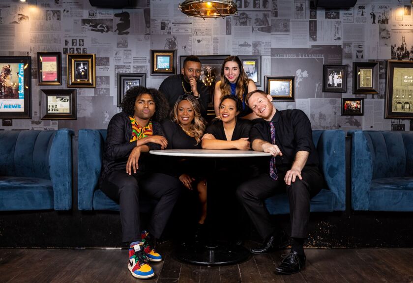 Robel Arega (clockwise back row, from left), Leila Gorstein, Bill Letz, Jillian Ebanks, Colette Gregory and Max Thomas are the cast of Second City’s Black History Month Show.