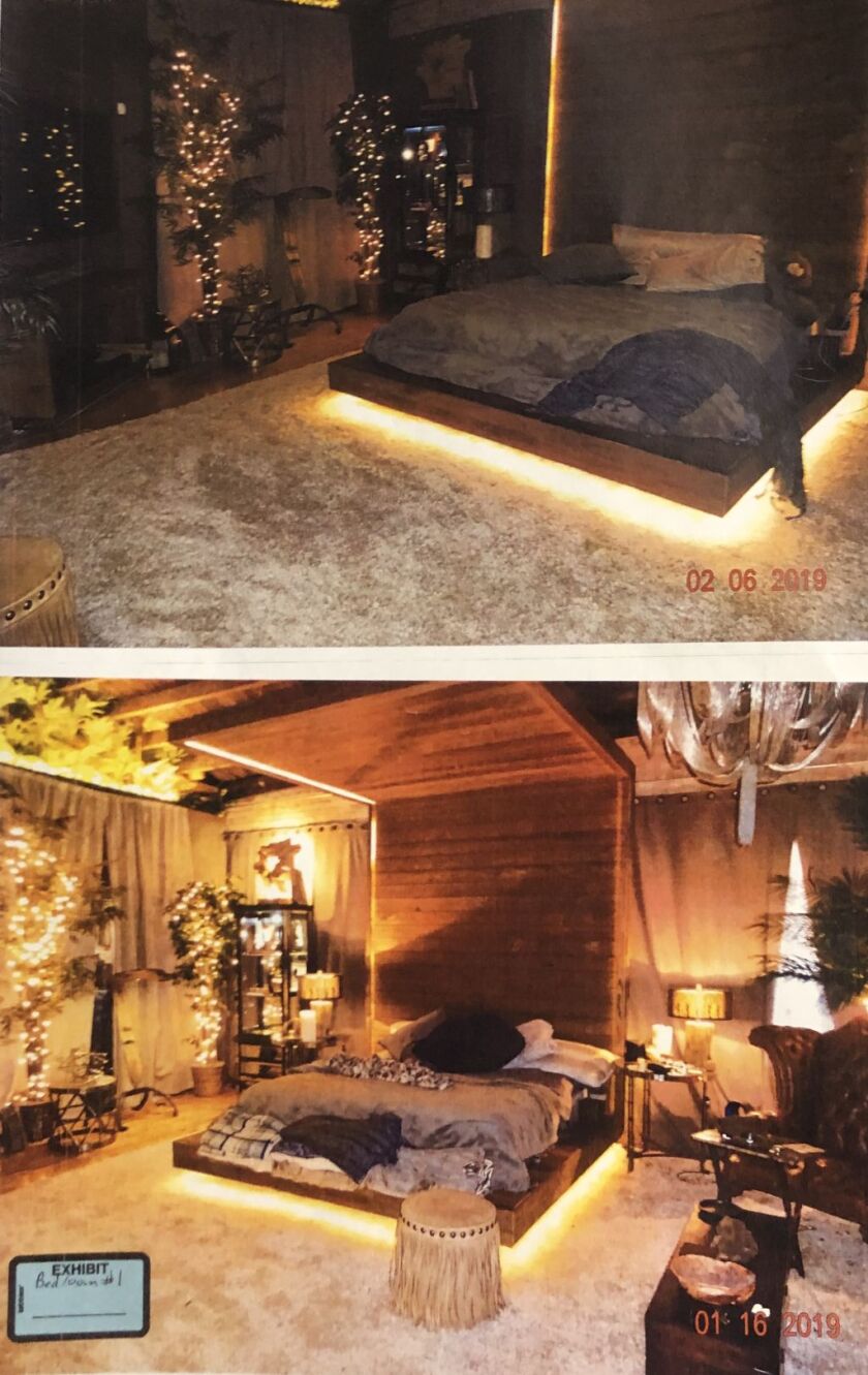 City inspectors say photos taken Jan. 16 (bottom) and Feb. 6 (top) show a bed remains in the studio building used by R. Kelly. | Court file