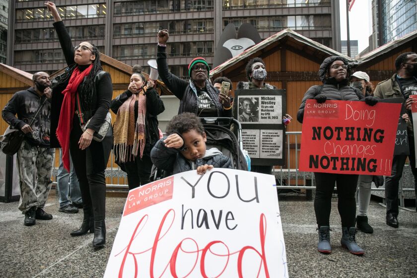 Attorneys, community activists and allies demand justice for Jemel Roberson on his three-year death anniversary at Daley Plaza in the Loop, Thursday afternoon, Nov. 11, 2021.