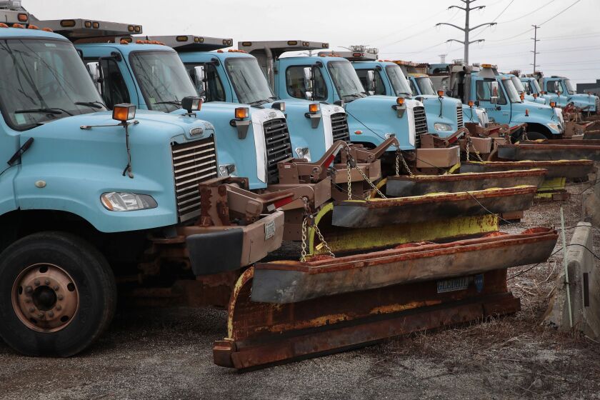 Rust coats the unused blades of snow plows sitting at a city salt storage yard on Feb. 28 Chicago. For the first time since records have been kept, Chicago had no measurable snowfall in January and February. (Photo by Scott Olson/Getty Images)
