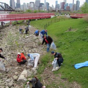 On Chicago River Day, volunteers conduct cleanup of litter along the river in Ping Tom Park in Chinatown on May 11, 2019.
