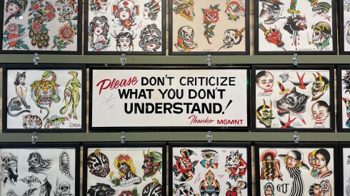 Every spare inch of wall space at Great Lakes Tattoo, 1148 W. Grand, is decorated with traditional tattoo images.