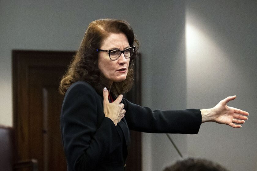 Prosecutor Linda Dunikoski presents a closing argument to the jury during the trial of Travis McMichael, his father, Gregory McMichael, and William “Roddie” Bryan, at the Glynn County Courthouse, Monday, Nov. 22, 2021, in Brunswick, Ga. The three men charged with the February 2020 slaying of 25-year-old Ahmaud Arbery.